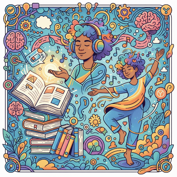 Una ilustración que muestra a una persona interactuando con elementos visuales, auditivos y kinestésicos, representando los diferentes estilos de aprendizaje.