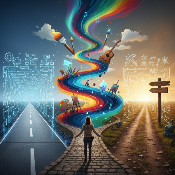 Una ilustración que representa los tres estilos de pensamiento evaluados en la prueba como caminos divergentes que una persona contempla.