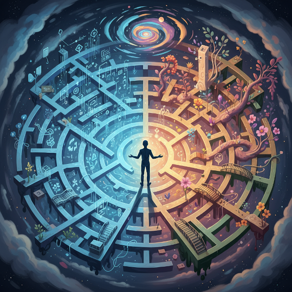 Una ilustración conceptual de una persona dentro de un laberinto complejo, donde los caminos se ramifican en direcciones de diferentes colores, simbolizando los diversos estilos de pensamiento y la exploración de la mente.