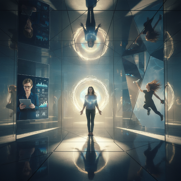 Una persona explorando un laberinto de espejos que reflejan sus distintas facetas adaptativas, simbolizando la dinámica entre instinto, lógica y emoción ante los cambios.