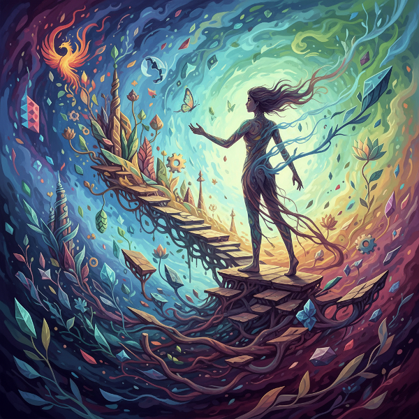 Una figura humana en un entorno simbólico de caminos sinuosos y transiciones, representando la transformación personal a través de los cambios abruptos de la vida.