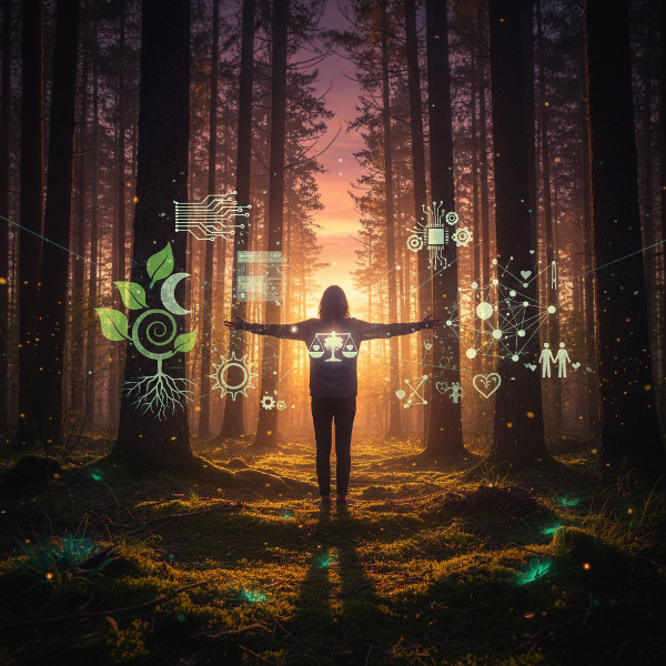 Una ilustración que muestra a una persona en un entorno natural al atardecer, con elementos superpuestos que representan los ciclos de la naturaleza, las conexiones sociales y la tecnología moderna, simbolizando la búsqueda de equilibrio entre estos ritmos.