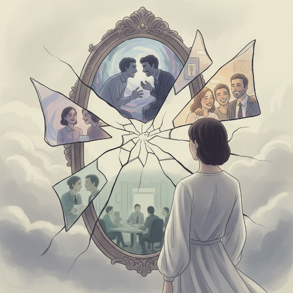 Una ilustración que representa la fragmentación del estilo de apego en diferentes facetas de la vida, como el amor, la amistad y el trabajo, usando un espejo roto como metáfora visual.