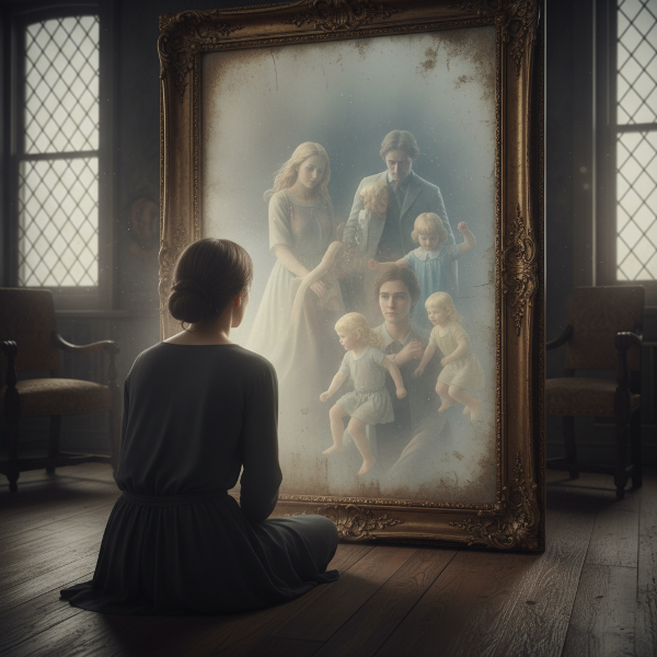 Una persona observa su reflejo en un espejo, mientras siluetas familiares de su infancia aparecen difusas en el entorno, representando la introspección sobre la herencia emocional.