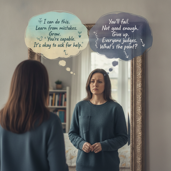 Persona mirándose al espejo con pensamientos de diálogo interno, reflejando autoestima y autocrítica.