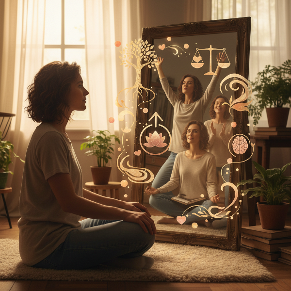 Ilustración de una persona en introspección frente a un espejo que refleja diferentes facetas de su identidad, rodeada de elementos simbólicos que representan autoestima y crecimiento personal.