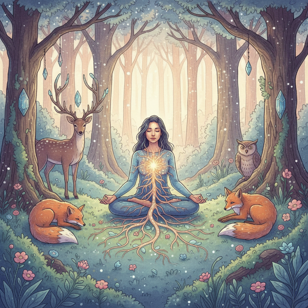 Ilustración de una persona en meditación profunda dentro de un bosque encantado, donde las raíces de los árboles emiten una luz suave que se conecta al pecho del individuo, simbolizando la sintonía entre la psique humana y los procesos vitales de la naturaleza. Alrededor, criaturas del bosque observan en paz, y la luz del amanecer filtra entre las hojas, creando una atmósfera de equilibrio y conexión espiritual.