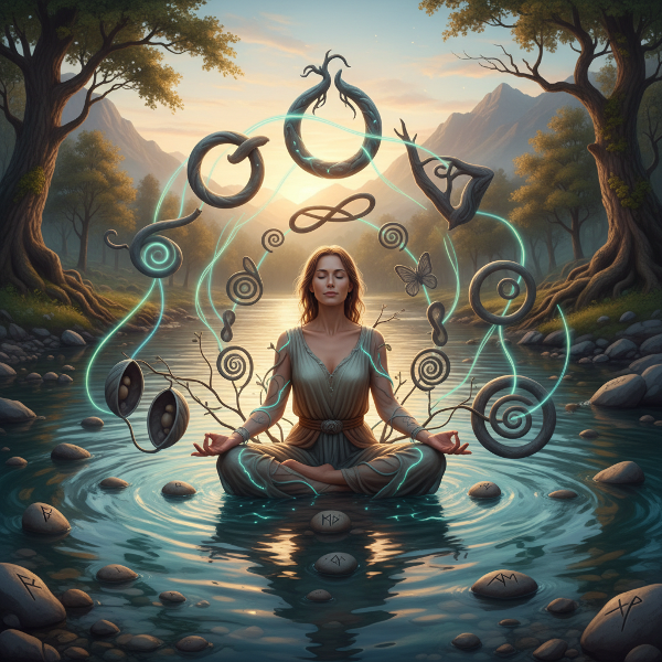 Una imagen que simboliza la serenidad activa: una figura en calma dentro de un entorno dinámico, conectando la quietud interna con el flujo constante de la vida.