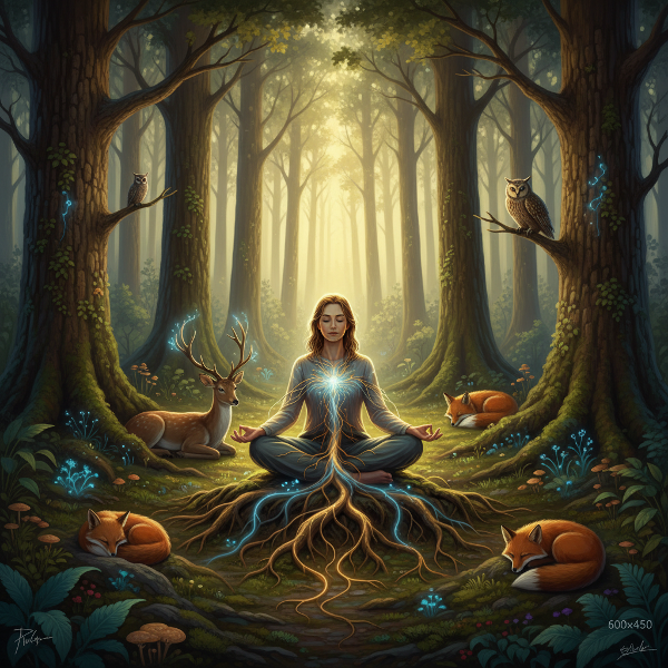 Una persona en calma medita en un bosque, donde raíces luminosas conectan su energía con la tierra y los animales, representando la interdependencia entre el bienestar personal y la salud del planeta.