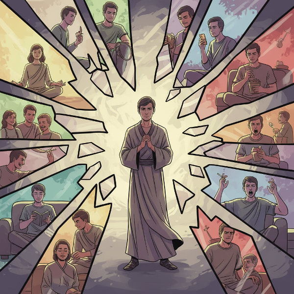 Una persona contempla sus múltiples reflejos en espejos rotos, representando la dualidad de hábitos conscientes e inconscientes.