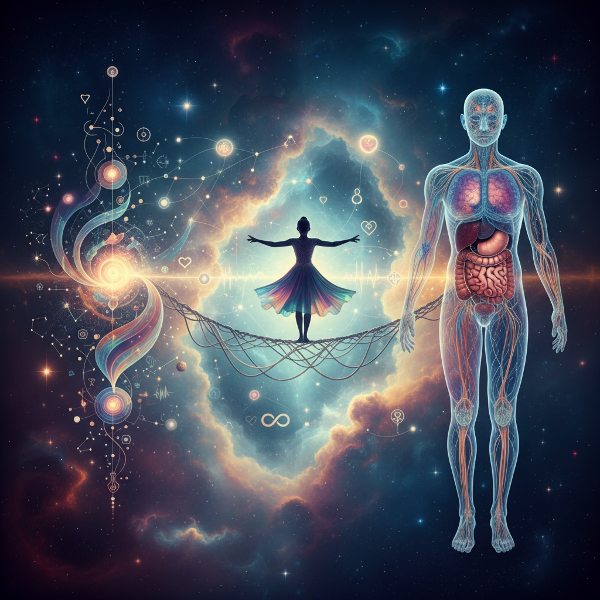 Una ilustración que representa la conexión entre la mente y el cuerpo, mostrando un equilibrio entre paisajes abstractos mentales y la forma física humana con canales de comunicación.