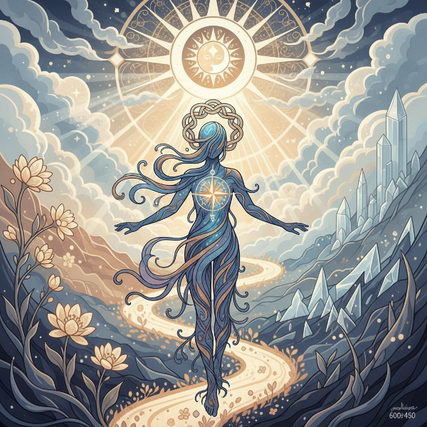 Una ilustración simbólica que muestra a una persona en equilibrio sobre un camino, representando la armonía entre bienestar emocional, propósito y resiliencia.