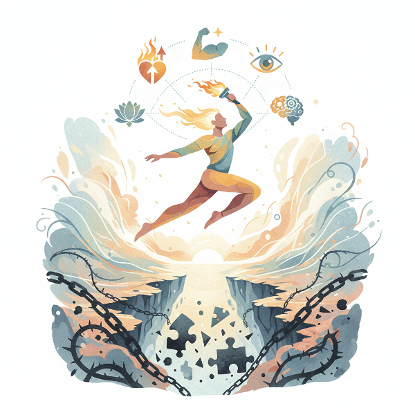 Una persona avanza entre símbolos abstractos de motivación y bloqueos mentales, representando la lucha interna para iniciar y persistir en tareas.