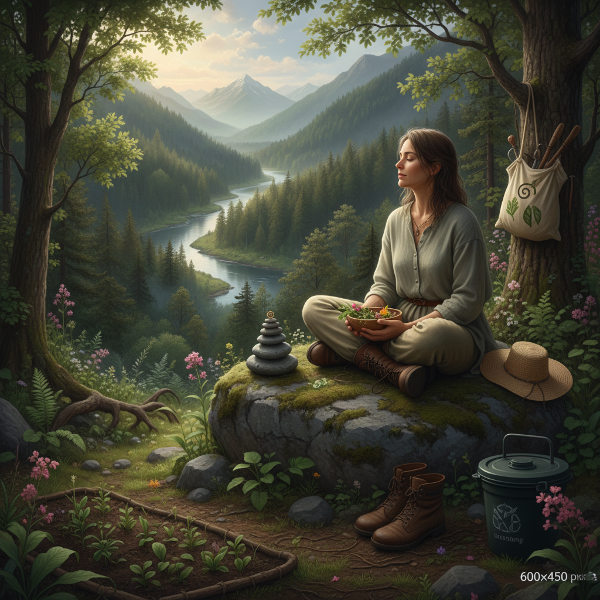 Una persona en un paisaje natural, rodeada de símbolos de conexión emocional y sostenibilidad, reflejando la armonía entre el ser humano y el medio ambiente.