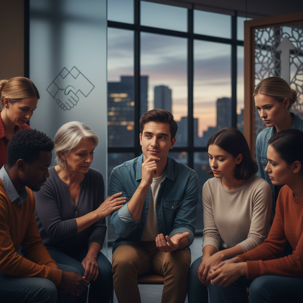 Una persona reflexionando en medio de un grupo social diverso, con elementos visuales que simbolizan la dinámica entre cooperación, asertividad y adaptación.