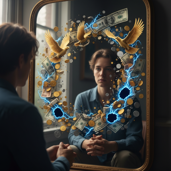 Una persona contempla su reflejo en un espejo, donde las finanzas se entrelazan visualmente con emociones humanas, simbolizando la conexión psicológica con el dinero.