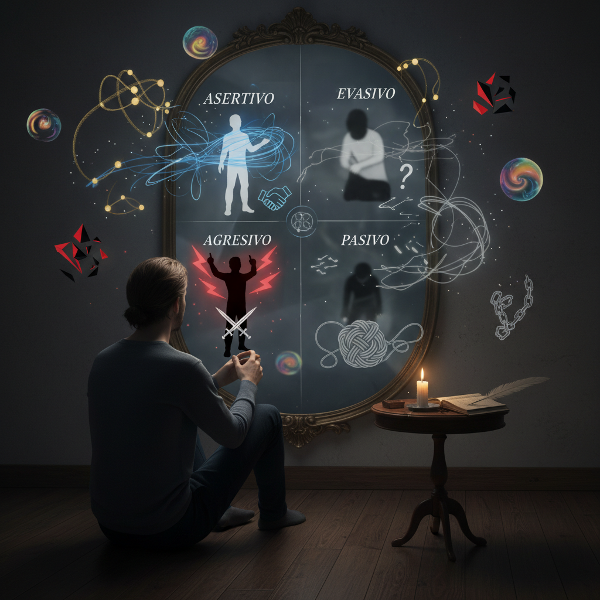 Una persona contempla su reflejo en un espejo que fragmenta su imagen en cuatro estilos de comunicación distintos, rodeada de íconos que representan vínculos, emociones y conflictos interpersonales.
