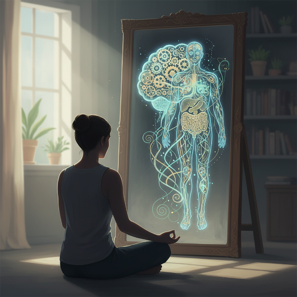 Una ilustración que representa la conexión entre mente y cuerpo, mostrando a una persona reflexionando mientras símbolos abstractos de pensamientos y sensaciones físicas se entrelazan en su reflejo.