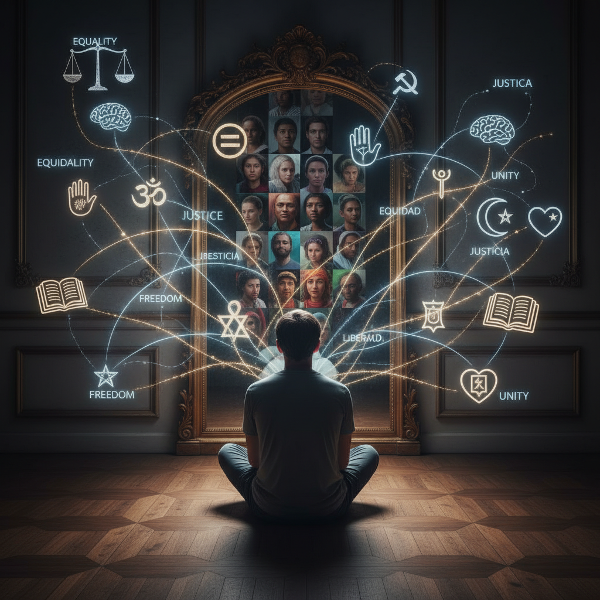 Imagen simbólica que representa la introspección sobre actitudes sociales, mostrando un espejo con reflejos diversos y conexiones entre conceptos de convivencia.