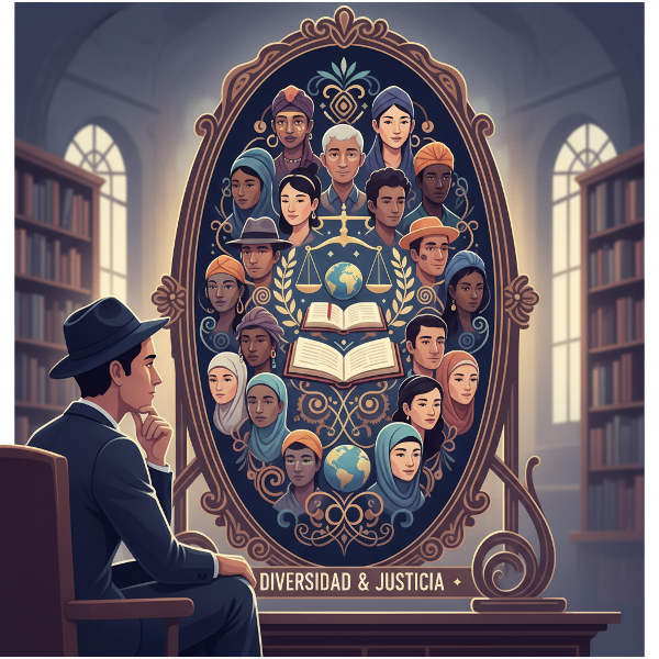 Una ilustración conceptual que muestra a una persona reflexionando frente a un espejo que refleja múltiples identidades y símbolos de diversidad, igualdad y justicia.