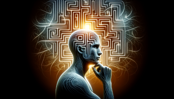 Una ilustración conceptual que muestra a una persona contemplando un laberinto interior luminoso, simbolizando la exploración de los impulsos internos, deseos conscientes y patrones emocionales.