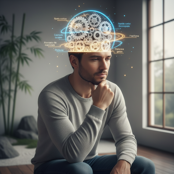 Una ilustración conceptual que muestra a una persona en introspección, con engranajes que simbolizan hábitos automáticos y caminos de luz que representan elecciones conscientes.