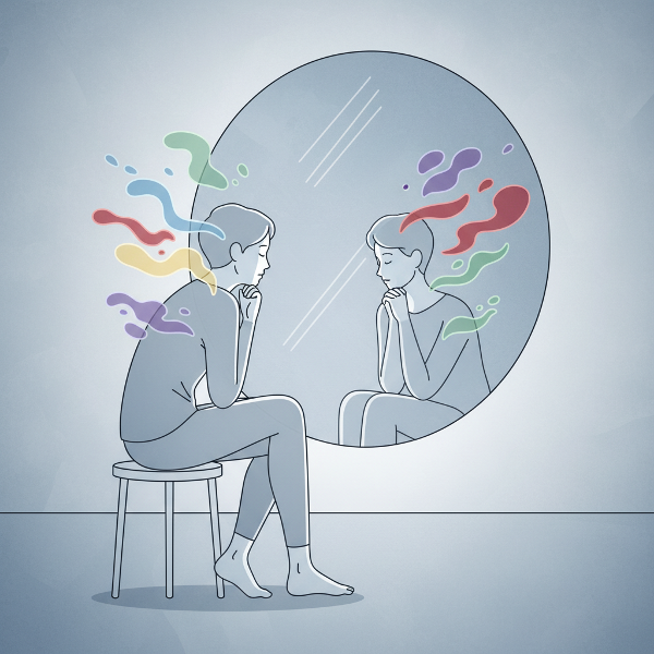 Ilustración de una persona en introspección, con símbolos de emociones como nubes de pensamiento que representan autoconocimiento y gestión emocional.