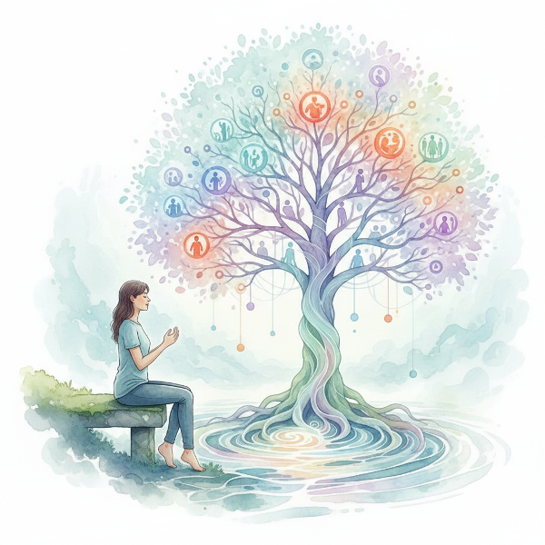 Una ilustración simbólica que muestra a una persona contemplando un árbol genealógico abstracto, donde las raíces y ramas representan las conexiones emocionales y patrones heredados de la familia.