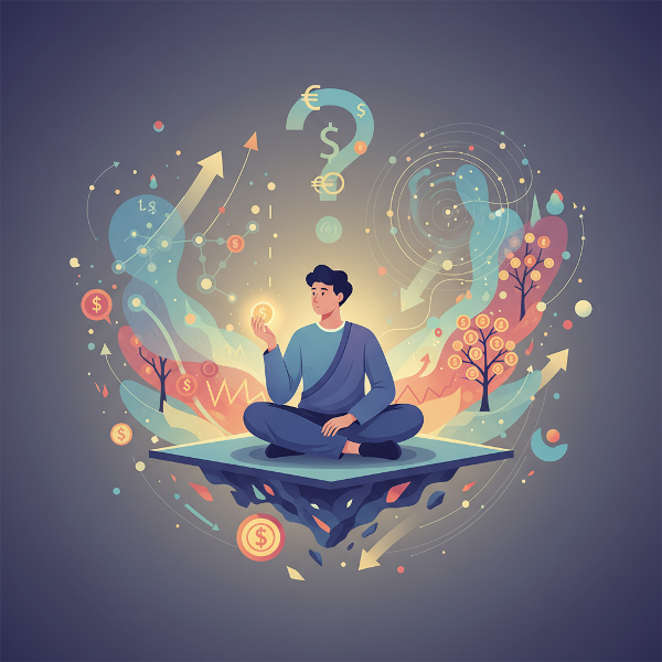 Una ilustración conceptual que muestra a una persona en introspección, rodeada de símbolos abstractos que representan emociones, decisiones y patrones relacionados con el dinero y las finanzas personales.