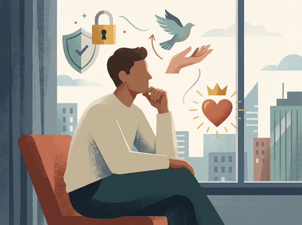 Una ilustración que representa la introspección sobre la psicología monetaria, mostrando emociones y conceptos financieros como entes abstractos.