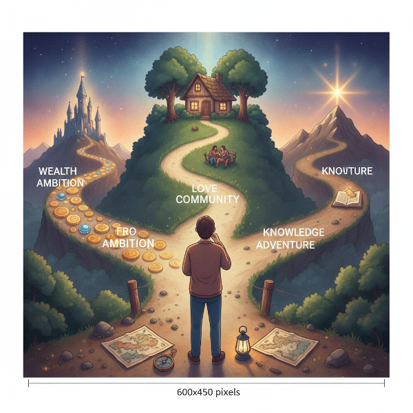 Una persona contemplando tres caminos divergentes que simbolizan las distintas motivaciones y valores vitales, en un entorno que evoca introspección y búsqueda de significado personal.
