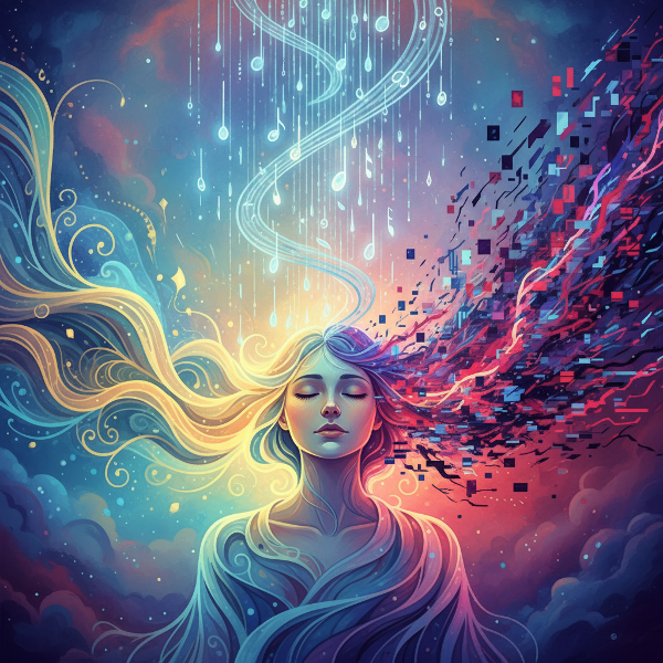 Ilustración de una persona en cuyo entorno se materializan visualmente distintos tipos de ruido ambiental, como ondas suaves, interferencias y gotas de lluvia, representando su banda sonora personal.