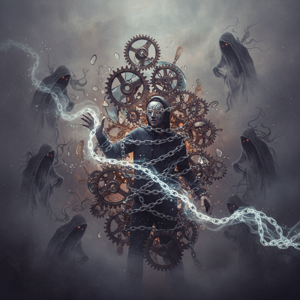 Una persona parece atrapada dentro de un mecanismo de engranajes mentales, con cadenas de decisiones que se desvanecen en la niebla. Sombras de hábitos y patrones la rodean, mientras el entorno ambiental se difumina, sugiriendo condicionamientos invisibles.