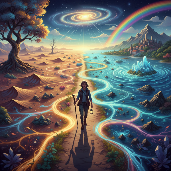 Imagen simbólica de un individuo transitando un camino que se transforma y abre múltiples posibilidades en un entorno en evolución, representando la capacidad de adaptación.