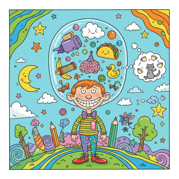 Ilustración humorística de una persona con la cabeza transparente mostrando pensamientos extraños y divertidos flotando en su interior, en colores vibrantes.