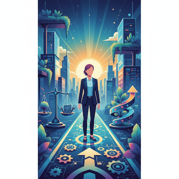 Una ilustración que muestra a una persona profesional en una encrucijada de caminos luminosos, representando la búsqueda de la trayectoria profesional ideal y el equilibrio laboral.