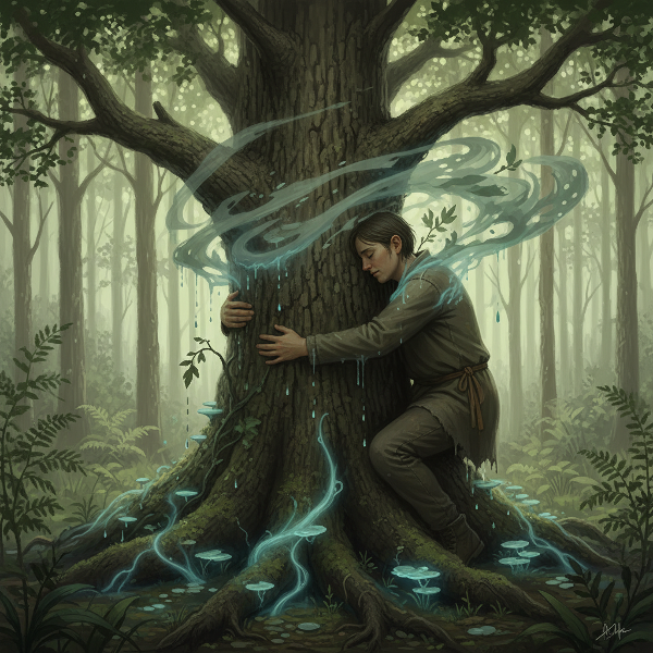 Una persona abrazando un árbol en un bosque verde y luminoso, mostrando una conexión emocional con la naturaleza.