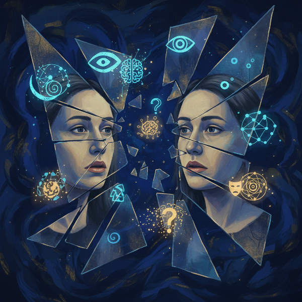 Una ilustración que representa la introspección de la identidad, mostrando un reflejo fragmentado y símbolos abstractos que exploran las múltiples facetas del 'quién soy'.