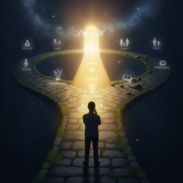 Persona en una encrucijada con símbolos de valores y un sendero iluminado hacia el propósito.