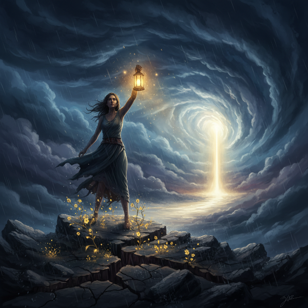 Una persona enfrentando una tormenta simbólica que representa el estrés, mientras una luz cálida al fondo sugiere esperanza y crecimiento postraumático.