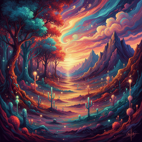 Ilustración surrealista del ecosistema único del alma, con un bosque, un desierto y montañas conectados por un río de luz.