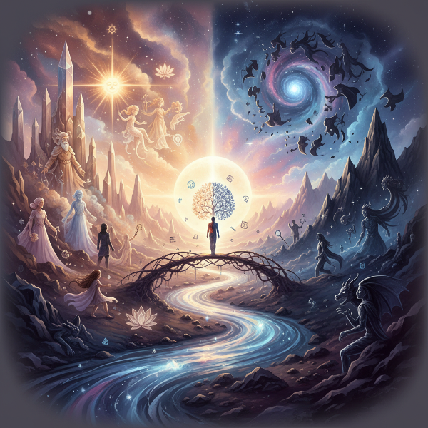 Una imagen simbólica que representa un viaje introspectivo hacia los arquetipos del inconsciente, fusionando elementos de luz y sombra en un paisaje onírico y universal.