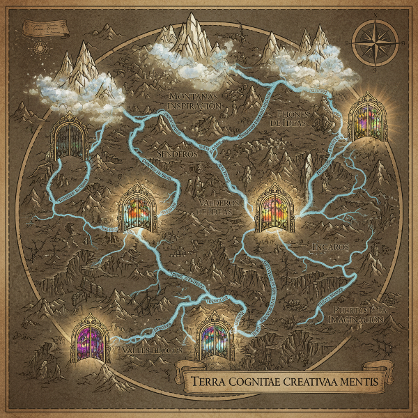 Un mapa conceptual que representa el paisaje interno de la mente creativa, mostrando sus diferentes terrenos y el flujo de ideas.