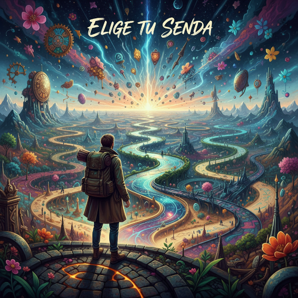 Una persona de espaldas observa un paisaje onírico donde senderos se multiplican y el terreno se transforma, representando la introspección y adaptación ante lo imprevisto.