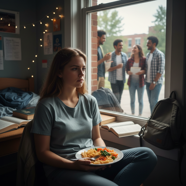 Una estudiante universitaria aislada en su habitación, observando con nostalgia la vida social del campus desde su ventana.