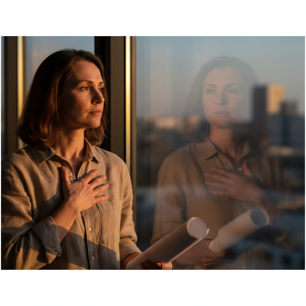 Una mujer madura, arquitecta, reflexiona sobre su cuerpo y su historia frente a una ventana, simbolizando la conexión entre el trauma pasado y el presente.