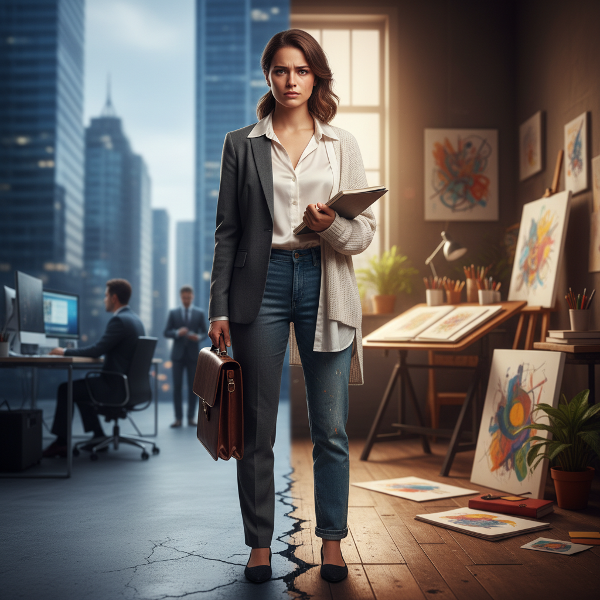 Una ilustración que representa la transición profesional de una mujer, simbolizando la duda y la valentía al cambiar de carrera.