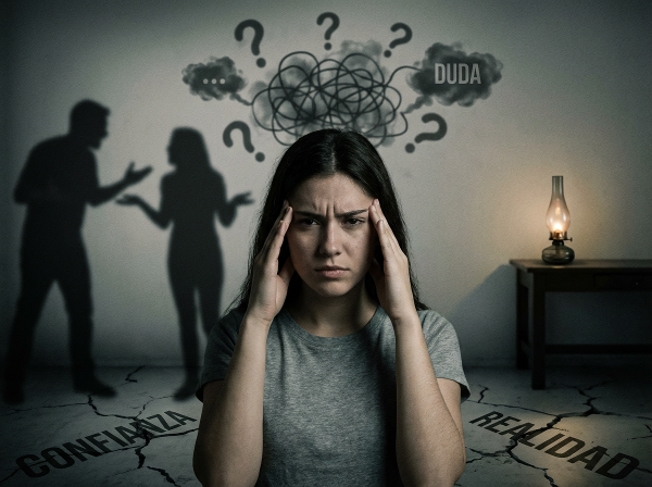 Una ilustración que muestra a una mujer joven con expresión confundida, rodeada de sombras y recuerdos distorsionados, mientras una figura masculina borrosa niega su realidad, representando la manipulación psicológica y la pérdida de la confianza en sí misma.