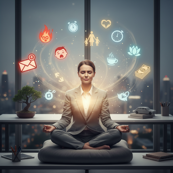 Una mujer profesional en su escritorio, cerrando los ojos para respirar profundamente, mientras símbolos de reuniones, hijos y responsabilidades flotan a su alrededor, mostrando su búsqueda de equilibrio.