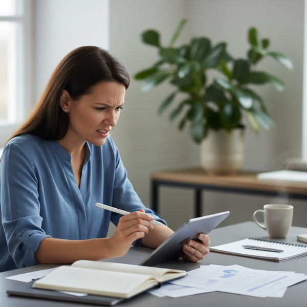 Una mujer en su lugar de trabajo experimentando un momento de frustración, rodeada de elementos que simbolizan estrategias para encontrar calma y control.